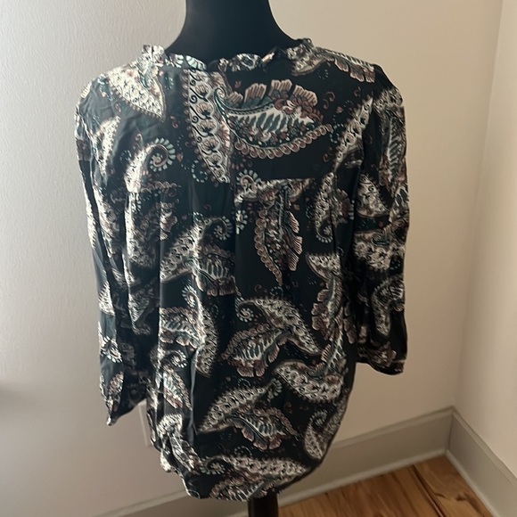 LOFT long sleeve olive green paisleys print tie front buttoned down top blouse M - Picture 4 of 9